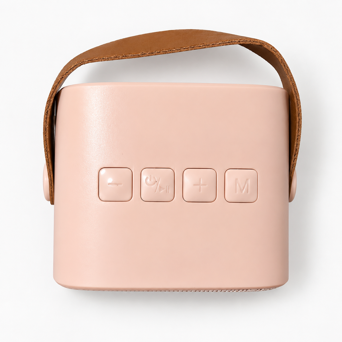 Top controls and brown carry handle of the mini karaoke speaker; Pink shown